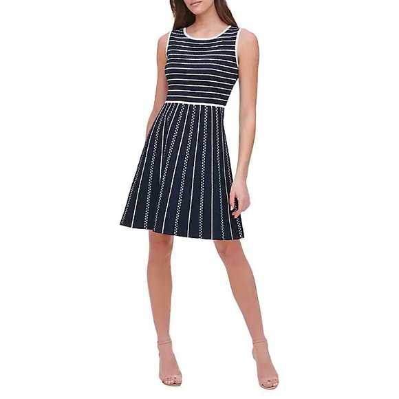 NEW Tommy Hilfiger Striped Cotton-Blend Fit-and-Flare Knitted Dress in Navy, S - Picture 3 of 14